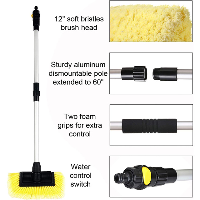 11" Water Flow Thru Dip Car Wash Brush Head with Soft Bristle for Auto RV Truck Boat Camper Exterior Washing Cleaning (Brush with 60" Handle)